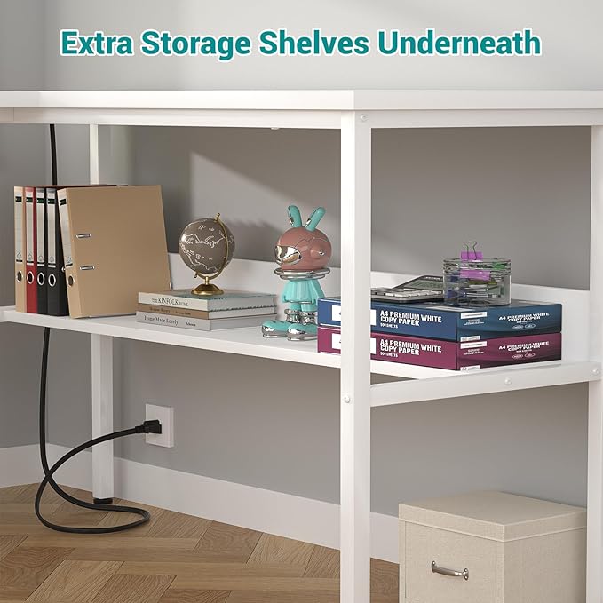 Reversible L Shaped Gaming Desk with Power Outlets and USB Charging Ports, Sturdy Computer Desks with Storage Shelf, Modern Corner Desk Home Office Table, Easy to Assemble, White