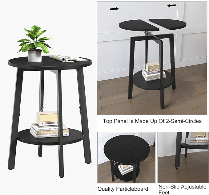 Side Table Set of 2, Small Round End Table with Storage Shelf for Small Space, 2-Tier Black Bedside Table Sofa Couch Table, Nighstands Set of 2 Accent Table for Living Room, Bedroom, Black