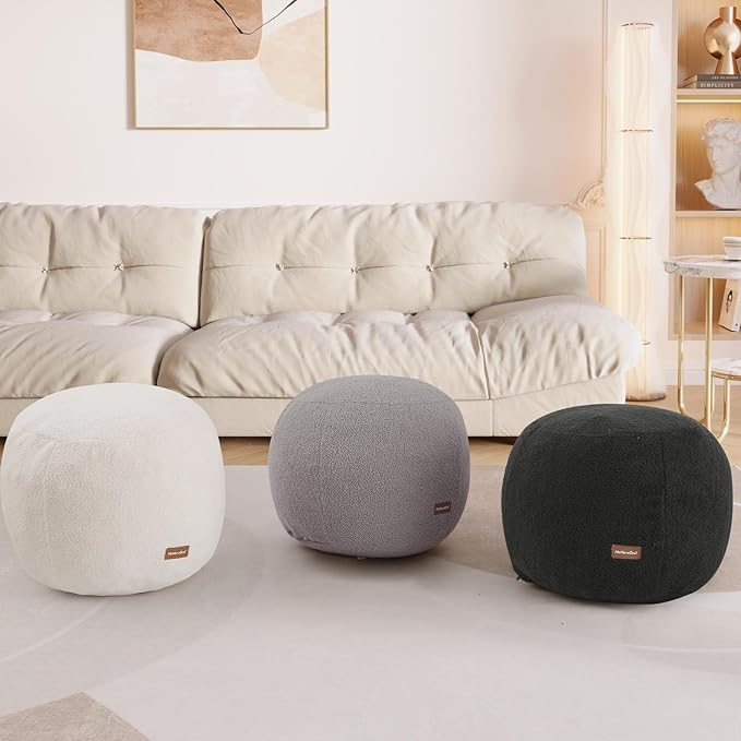 MeMoreCool Stuffed Round Pouf Ottoman Foot Rest, Floor Pouf Foot Stool with Soft Foam Chunk Filling, Small Round Ottoman Footstool Circle Footrest for Living Room, Light Grey
