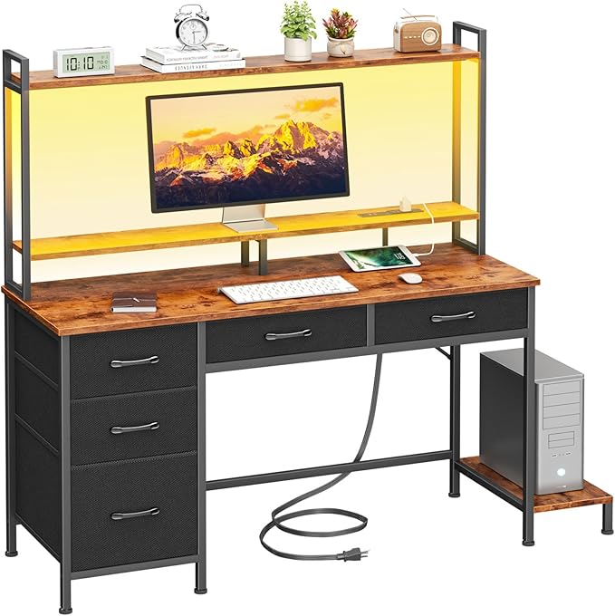 Computer Gaming Desk with Hutch, Home Office Desk with Power Outlets, LED Light, 5 Storage Drawers, 2 Tiers Shelves for Display, 47 Inch Modern Study Writing Table for Bedroom, Rustic Brown