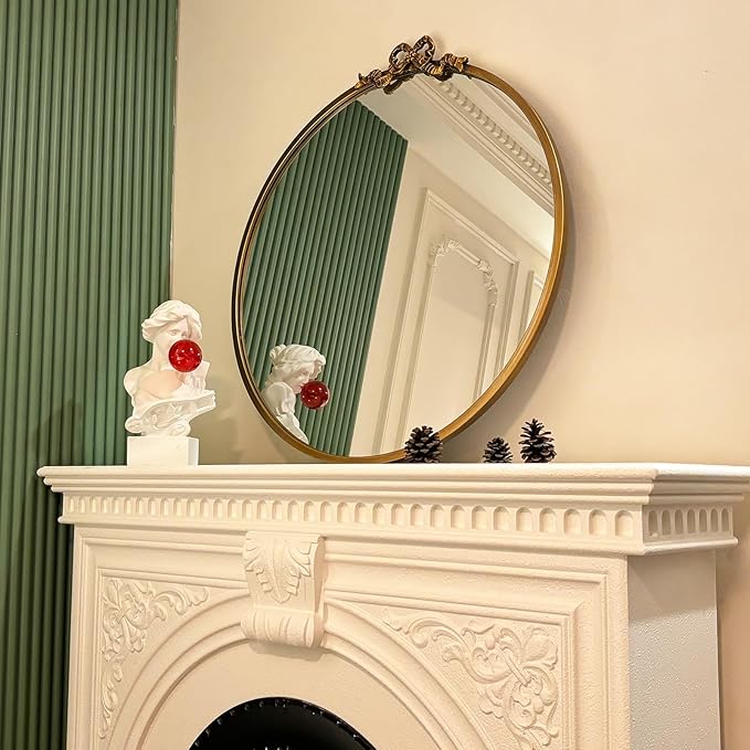 Vintage Gold Round Mirror Decorative Bathroom Vanity Mirrors 27.5inch Antique Metal Ornate Circle Wall Mirror, Baroque Bow Decor for Home Dressing Table,Bedroom,Living Room,Hallway