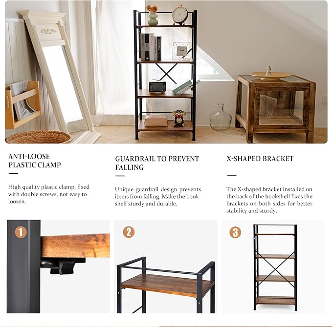 Crofy Rustic Bookshelf, 4 Tier Real Wood Bookshelf, Metal Book Shelf for Storage, Black Bookcase, 12.6" D x 23.62" W x 50.39" H