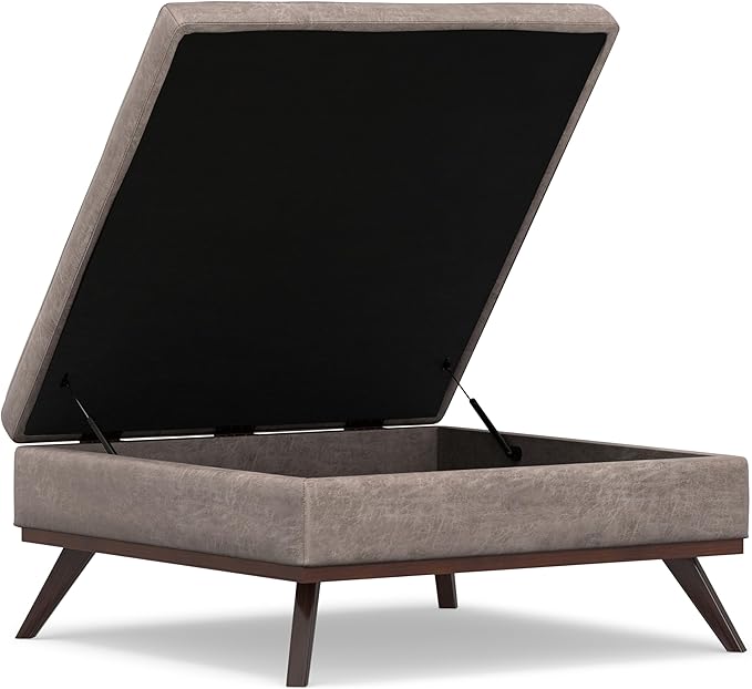 SIMPLIHOME Owen 40 inch Wide Mid Century Modern Square XL Coffee Table Storage Ottoman in Distressed Grey Taupe Vegan Faux Leather, Assembled, for The Living Room, Entryway and Family Room