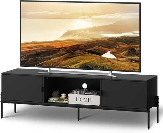 WLIVE Modern TV Stand for 65 Inch TV, Mid Century Entainment Center with Storage, TV Console with Open Shelf and 2 Cabinets for Bedroom and Living Room, TV Cabinet with Metal Legs, Black
