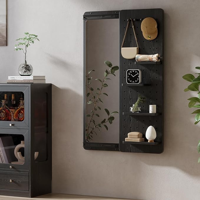 KungFuWood Full Length Mirror with Shelf and Hooks,Entry Way Mirrors for Wall,Wall Mirror with Shelf,Wall Mirror with Storage Multifunctional Design Panel,Living Room