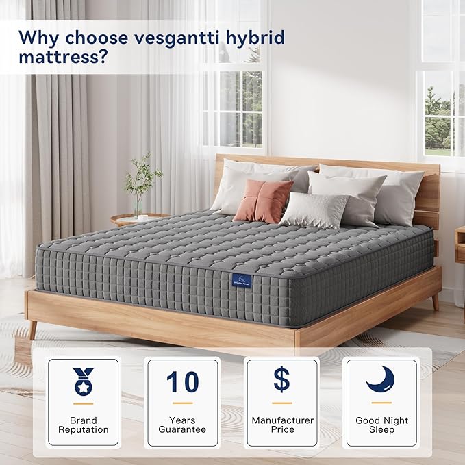 Vesgantti 8 Inch Multilayer Hybrid Full Mattress - Multiple Sizes & Styles Available, Ergonomic Design with Memory Foam and Pocket Spring, Medium Firm Feel, Grey