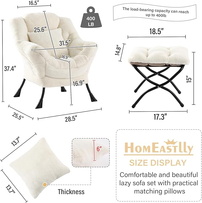 Large Lazy Chair with Ottoman, Accent Reading Chair with a Throw Pillow, Cozy Lounge Chair with Armrest, Leisure Sofa Chair for Living Room, Bedroom, Dorm, Plush Ivory