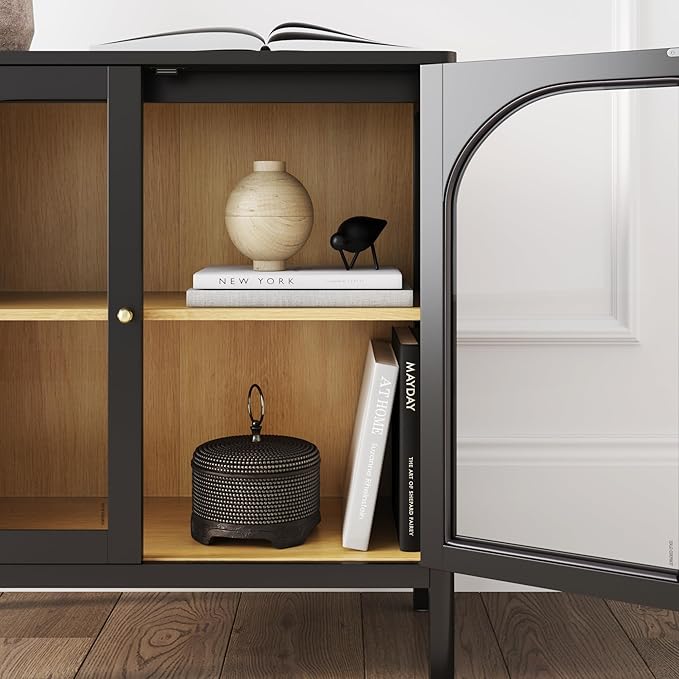 Nathan James Mason Storage Cabinet Accent Sideboard Buffet Credenza TV Stand with Glass Doors and Adjustable Shelf in Black Wood for Dining Room, Entryway and Living Room, Clear Glass/Black, Set of 4