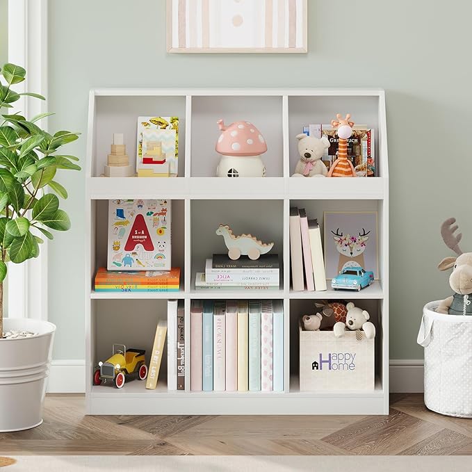 9-Cube Wooden Storage Bookcase - 11-Inch Open Shelf Cabinet, Simple Modern Bookshelf Organizer for Home Office, Living Room, White