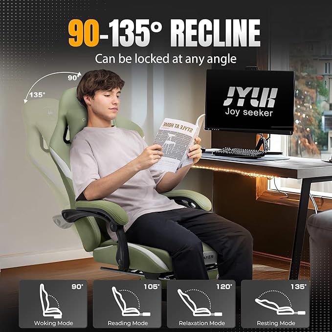 GTRACING Gaming Chair with Foot Rest & Pocket Spring Cushion, Breathable Fabric for Home Office Desk, Ergonomic High Back Computer Chair with Headrest & Lumbar Support, Green
