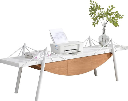 1 Tier Modern Boat-Shaped Bookshelf with Drawer, White & Brown, 70.9" Long Horizontal Low Shelf for Storage Display Decoration, Sturdy MDF & Metal Industrial Frame, for Living Room
