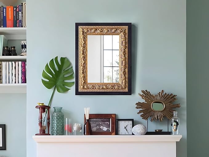 Small French Antique Mirror, 14”x11” Black Vintage Table Mirror for Vanity with Handmade Aging Foil Flower Petal Carvings Wooden Frame (Black and Gold, 14”x11”)