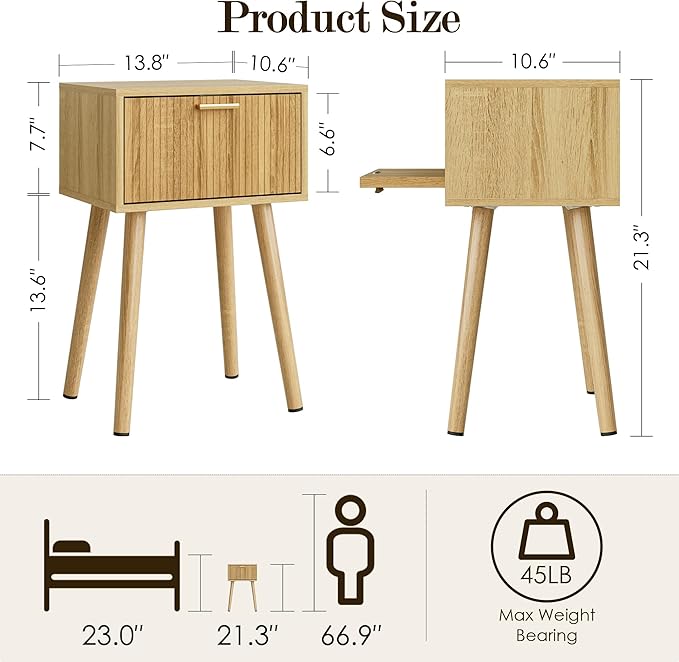 Night Stand, Oak Nightstand with Fluted Door, Small Modern Mid-Century Bedside Table for Bedroom, End Table for Living Room