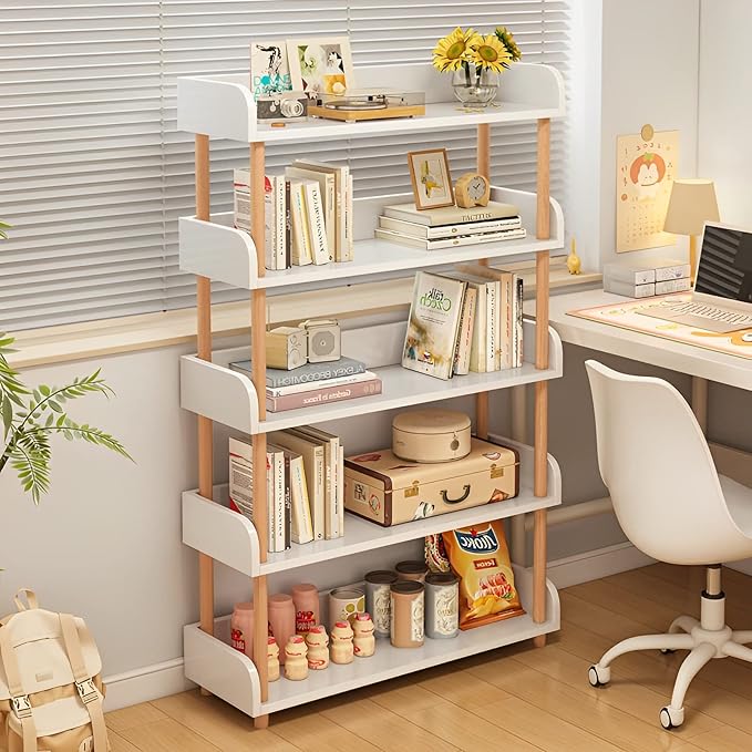 5-Tier Wooden Open Bookcase - Modern Display Bookshelf with Side Panels and Solid Wood Frame for Home and Office, Shelf Unit in Warm White