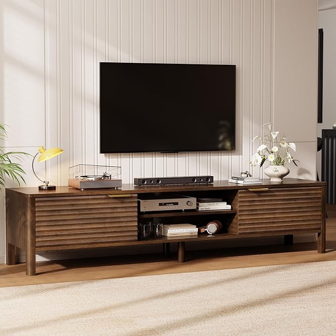 TV Stand for Living Room - up to 80 Inch TVs Mid Century Modern Entertainment Center with Storage and Adjustable Shelves, Media Console Table Walnut 70"