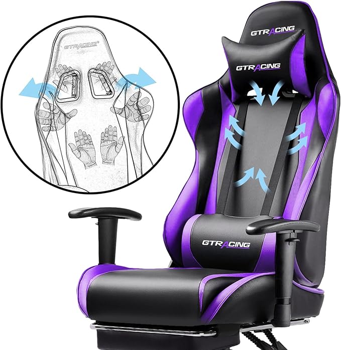 GTRACING Gaming Chair with Footrest, Ergonomic Computer Game Desk Chair, Reclining Gamer Chair Seat Height Adjustment, Swivel Rocker with Headrest and Lumbar, Purple