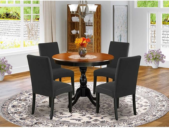 East West Furniture AMDA5-BCH-C 5 Piece Dining Room Table Set Includes a Round Kitchen Table with Pedestal and 4 Linen Fabric Upholstered Dining Chairs, 36x36 Inch, Black & Cherry