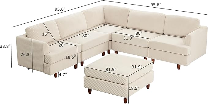127.5" L/U-Shaped Sectional Couch with Movable Ottoman & 6 Removable Back Cushion, Corduroy Fabric Upholstered 6 Seat Modular Sleeper Sofa,DIY Free Combination Couches for Living Room,Beige
