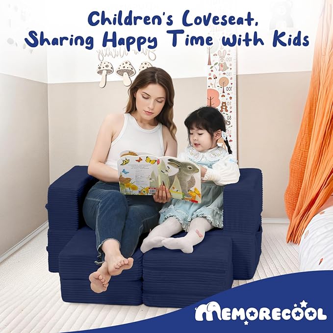 MeMoreCool Modular Kids Couch, Corduroy Play Toddler Couch for Bedroom Playroom Furniture, Convertible Foam Kids Sofa Bed, Fold Out Baby Sofa for Girl Boy, Navy