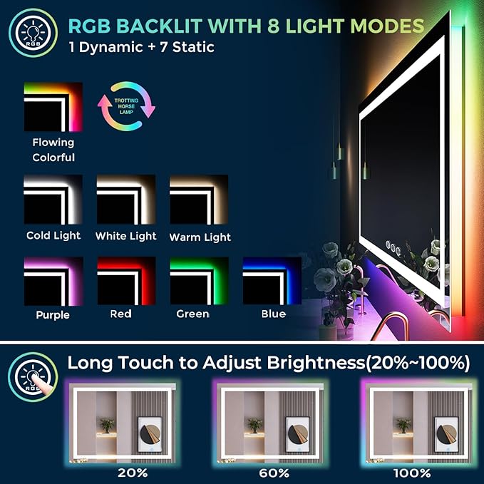 32x36 Inch RGB LED Bathroom Mirror Front Light and RGB Backlit Lighted Vanity Mirror for Bathroom Wall Mounted Dimmable Anti Fog Memory Shatter-Proof IP54 Waterproof Horizontal/Vertical