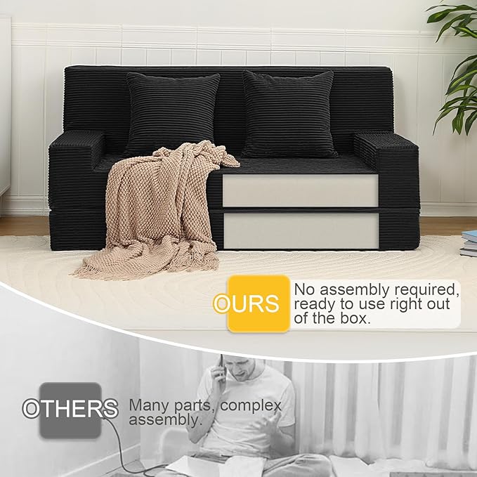 MeMoreCool Boneless Folding Sofa Bed Queen, Corduroy Convertible Sleeper Chair, Foldable Foam Mattress Chair, Comfy Fold‑Out Futon Couch Bed, Large Floor Sofa Couch for Living Room Guest