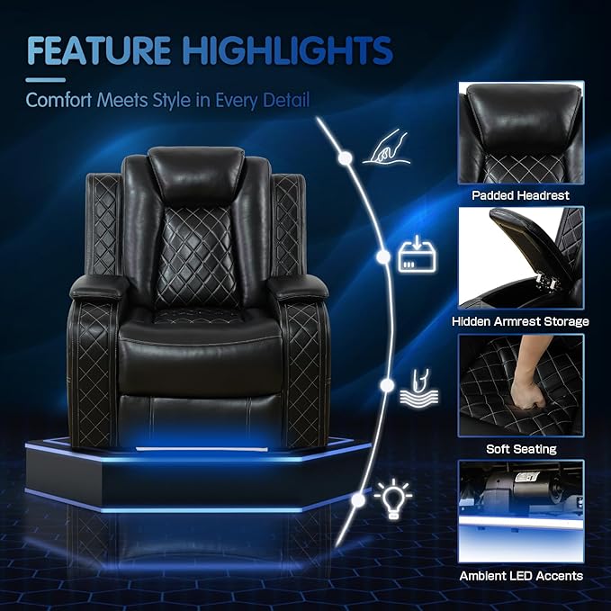 PU Leather Power Reclining Sofa Set for Home Theater, Chair, Loveseat & Couch with Wireless Charging, USB Ports, Cup Holders, LED Lights, Storage Console