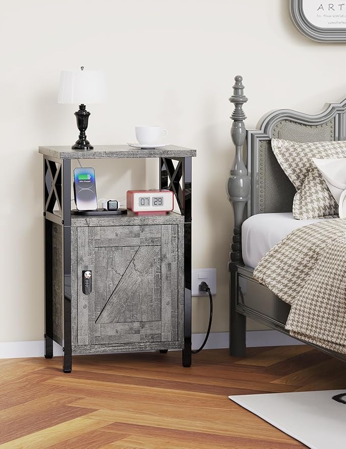 Wooden Nightstand with Lock, Bed Side Table with Drawers, Bedside Table with Charging Station, 3 USB & 2 Outlets, Night Stand with Storage, End Tables for Living Room, Bedroom (Ash Gray)