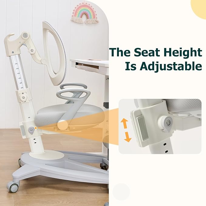 Ergonomic Kids Desk Chair with Footrest & Height-Adjustable Seat, Multifunctional for Study, Work & Dining – Comfy Cushion & Smooth Wheels for Boys & Girls (Grey)