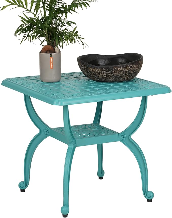 JARDIN DE CENTENNIAL Cast Aluminum Outdoor Side Table,Anti-Rust Outdoor End Table,Patio Coffee Bistro Table for Indoor,Garden,Porch,Balcony(Square Blue)