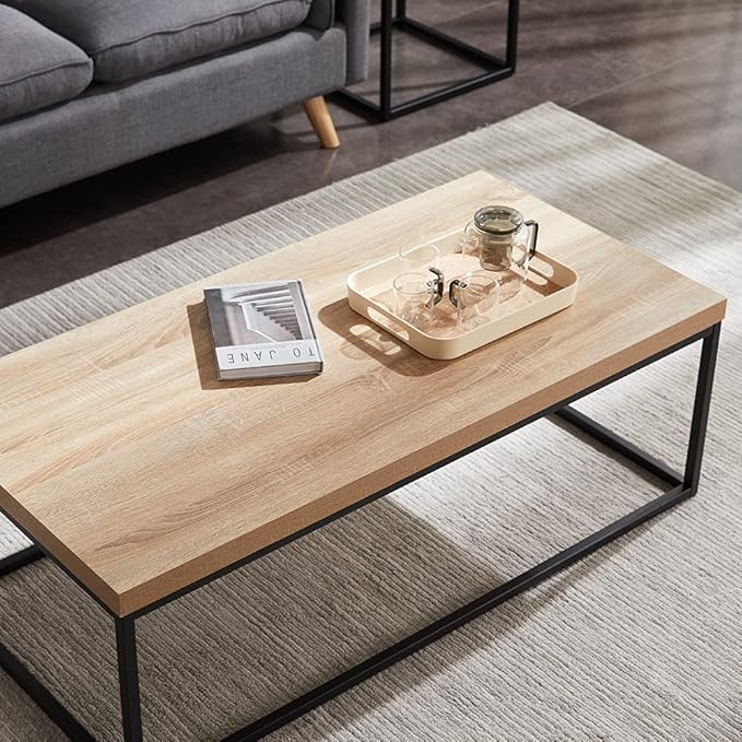 CENSI 47-Inch Natural Oak Coffee Table for Living Room, Modern Industrial Rectangular Wood and Metal Center Table with Extra Thick Tabletop (Natural Wood)