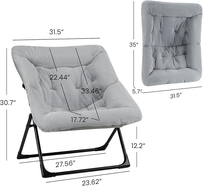 Comfy Saucer Chair for Adults, Soft Faux Fur Bedroom Chair, Accent Dorm Chairs, Flexible Living Room Reading Chairs, Oversized Folding Lounge Seat for Teens, X-Large, Grey