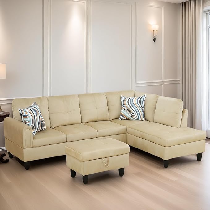 L Shaped Sectional Couches for Living Room, Modern Modular Sectional Sofa with Ottoman Storage, Comfy L Shaped Couch with Chaise for Bedroom Apartment Furniture, Beige