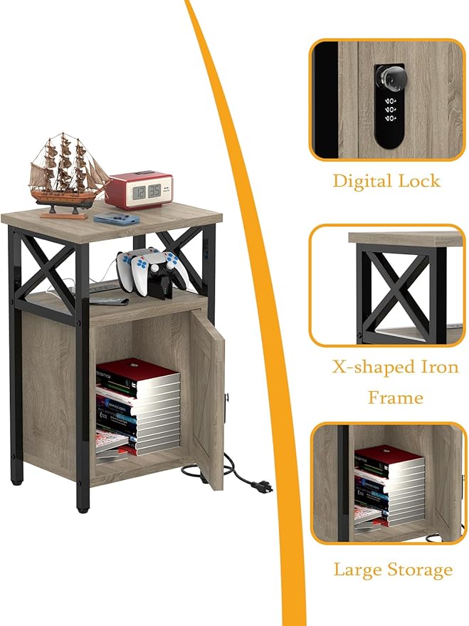 Wooden Nightstand with Lock, Bed Side Table with Drawers, Bedside Table with Charging Station, 3 USB & 2 Outlets, Night Stand with Storage, End Tables for Living Room, Bedroom, Greige