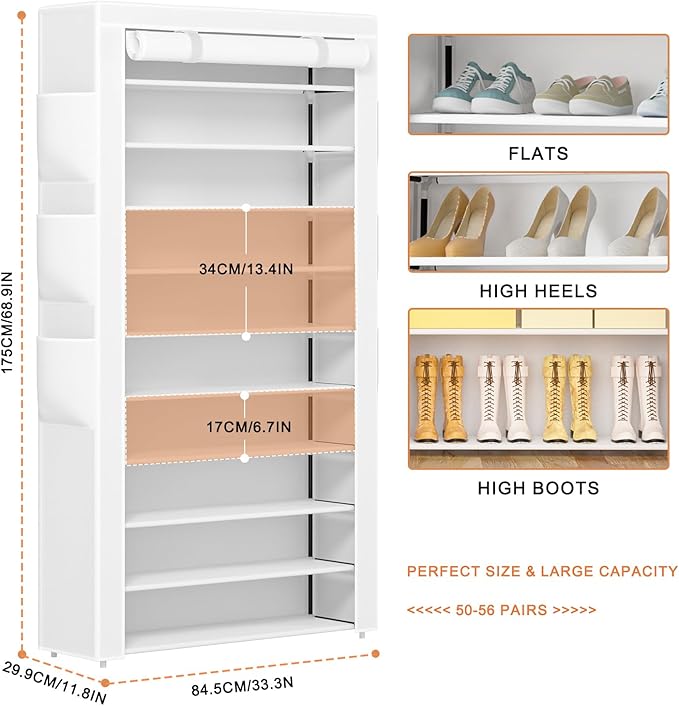 Shoe Rack 10Tier Large Capacity 50-56Pairs Beautiful Tall Shoe Shelf Free Standing Storage Cabinet Entryway Closet