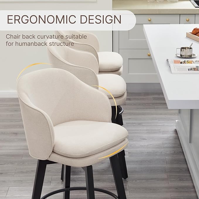 Counter Height Barstools 26 inch Upholstered Swivel Bar Stools with Back and Wood Legs for Kitchen Island,Set of 4,Beige Fabric