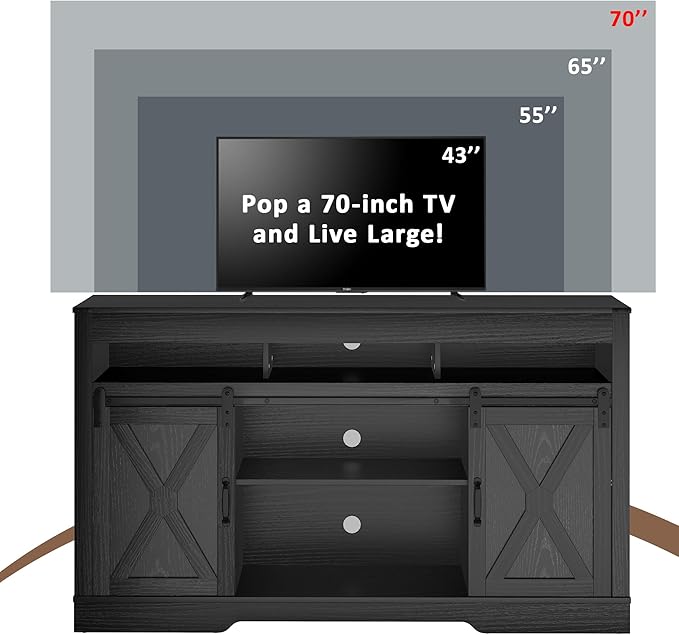 RoyalCraft Farmhouse TV Stand with Sliding Barn Door for TVs up to 65+ Inch, 34" Tall Entertainment Center, Wood Media Console Storage Cabinet for Bedroom, Living Room, Black