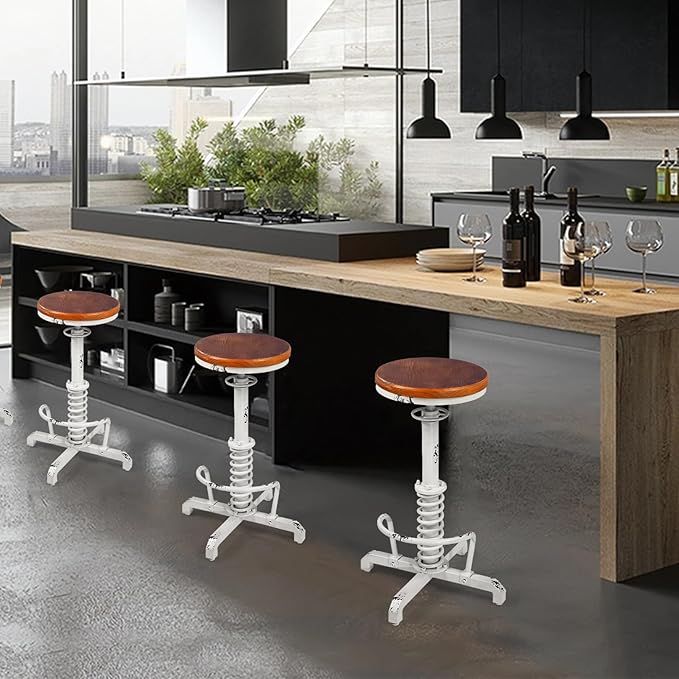 American Antique Steampunk Bar Stool 24.41"-28.35" Vintage Industrial Adjustable Swivel Backless Counter Stool for Home, Dining, Breakfast, Pub, (Heavy Duty Metal & Wood, Aged White, Brown Top)