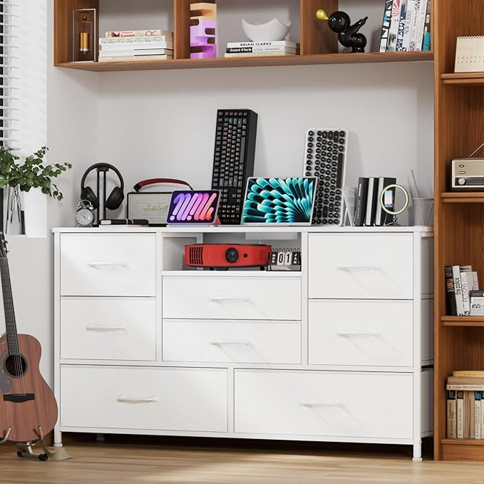 Furnulem Dresser for Bedroom, Wide Chest with Power Outlet for 55" TV Stand Entertainment Center, Deep 8 Drawers for Storage in Living Room,Entryway,Hallway,Closet(White)