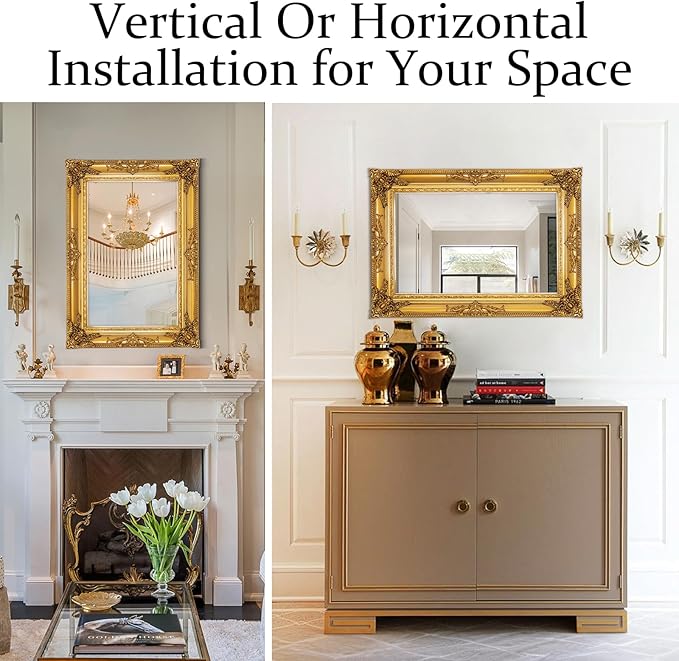Antique Gold Mirror for Wall Decor, 28" x 20" Gold Vintage Baroque Mirrors with Ornate Frame, Traditional Antique Living Room Mirror, Horizontal/Vertical