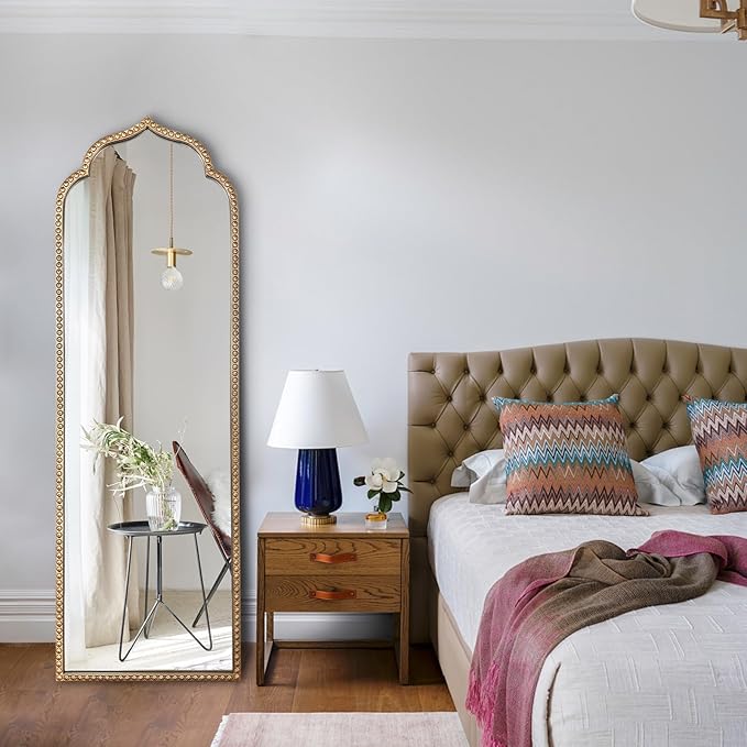 Large Gold Arched Mirror, 21"x64" Arch Standing Floor Mirrors for Dressing, Metal Beaded Frame Vintage Mirror, Scalloped Full Length Mirrors for Living Room Bedroom Hallway Entryway