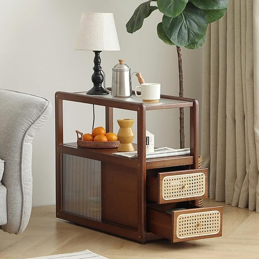 Rattan Nightstand Side Table with Storage, Bamboo Nightstand Bedside Table, Glass Mid Century Modern End Tables for Small Spaces, Living Room, Bedroom，Walnut
