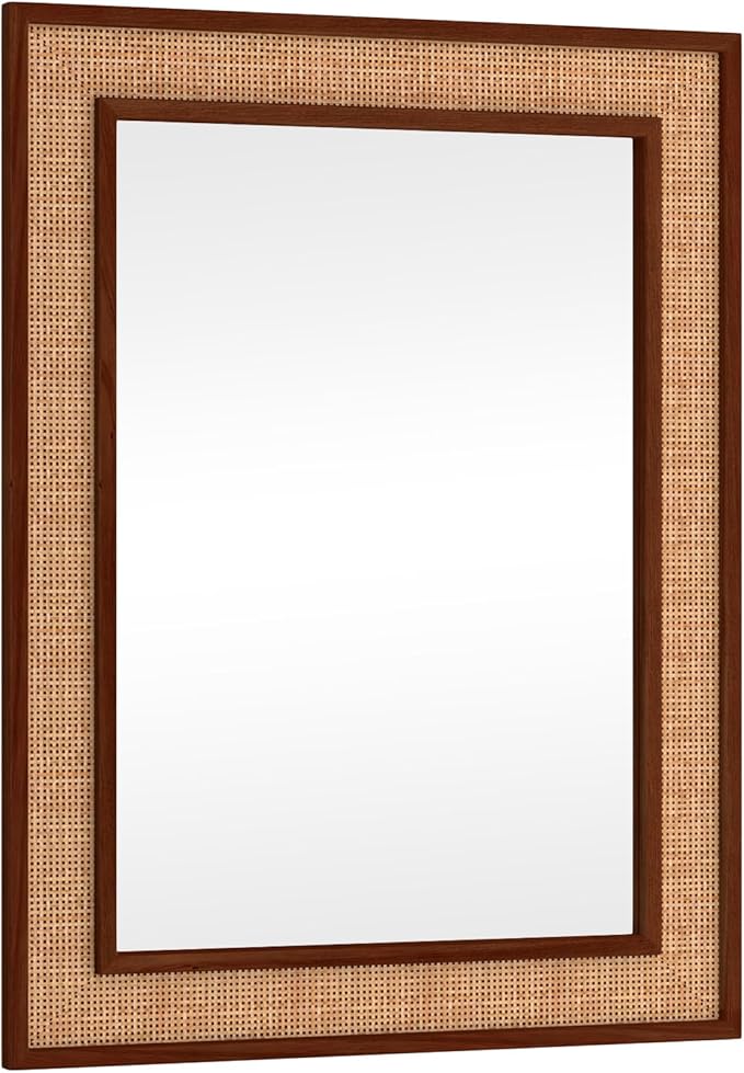 Rattan Wall Mirror with Wooden Framed 24 X 32 inch Farmhouse Rectangle Wood Mirror for Modern Decorative Bathroom, Living Room, Entryway, Bedroom (Walnut)