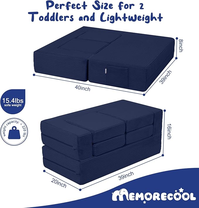 MeMoreCool Modular Kids Couch, Corduroy Play Toddler Couch for Bedroom Playroom Furniture, Convertible Foam Kids Sofa Bed, Fold Out Baby Sofa for Girl Boy, Navy
