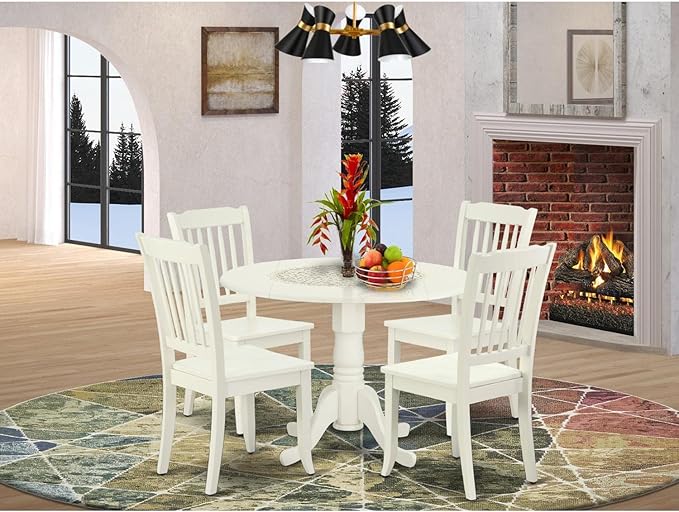 East West Furniture DLDA5-LWH-W 5 Piece Dining Room Furniture Set Includes a Round Kitchen Table with Dropleaf and 4 Dining Chairs, 42x42 Inch, Linen White