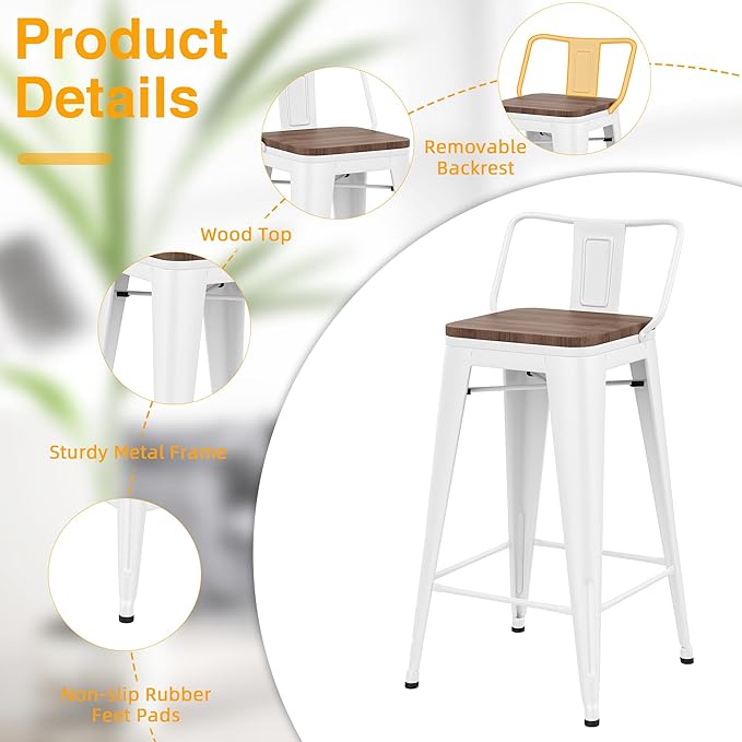 Yongchuang 30 inch Bar Stools Set of 4 Bar Height Metal Barstools with Wood Seat Low Back Kitchen Bar Chairs Cream White