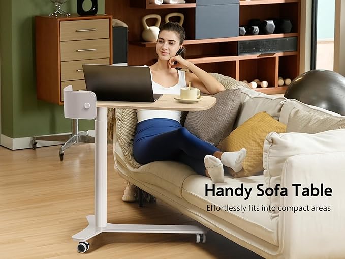 Rolling Desk Adjustable Height with Drawer and Wheels, Portable Small Standing Desk Pneumatic for Home Office, Mobile Computer Laptop Desk Cart, Medical Sofa Overbed Table, Oak