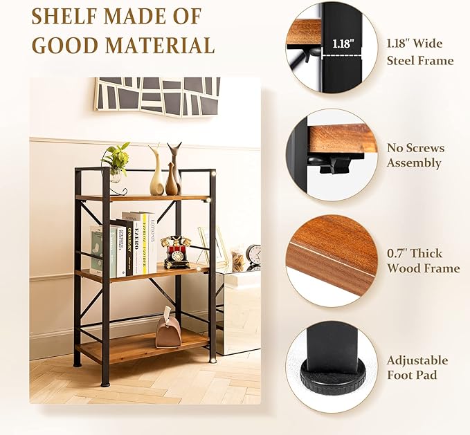 Crofy Rustic Bookshelf, 3 Tier Real Wood Bookshelf, Metal Book Shelf for Storage, Black Bookcase, 12.6" D x 23.62" W x 36.61" H