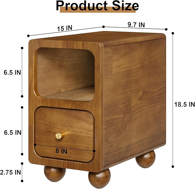 Solid Wood Nightstand, Narrow Night Stand with Drawers, Walnut Mid Century Modern Nightstand, Small Beside Table with Open Storage Shelf for Bedroom (10 inch)