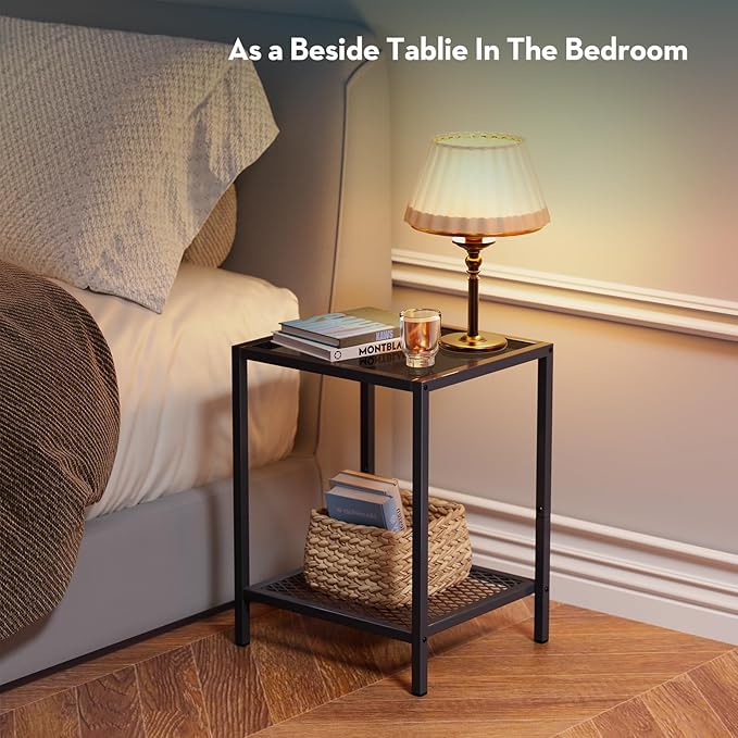 SAYGOER Black Side Table Small Glass End Table 2-Tier Narrow Square Bed Side Tables, 13.4"x11.8"x19.7", Sofa Small Leisure Table with Black Metal Frame for Modern Living Room Bedroom, BK Glass
