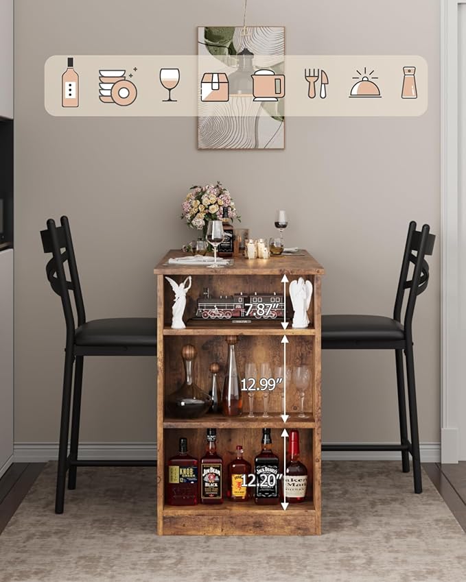 GAOMON 3 Piece Bar Table Set for 2, Bar Table and Chairs Set with with Flip Top Extension, Dining Table Set with Storage Shelves, Suitable for Small Space Kitchen Apartment, Brown